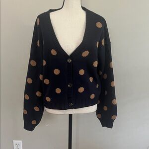 Black and Tan Polka Dot V-Neck Cardigan Sweater Medium